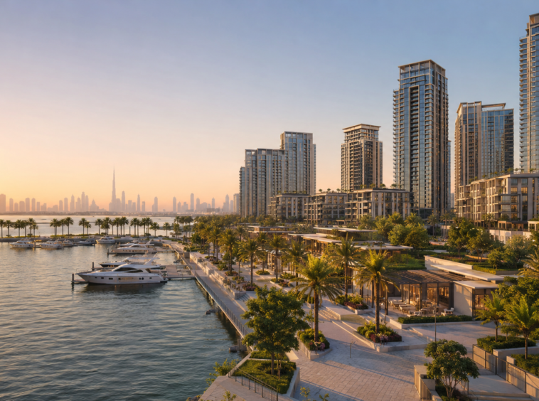 Dubai Creek Harbour expansion featuring waterfront residences, a marina and landscaped promenade