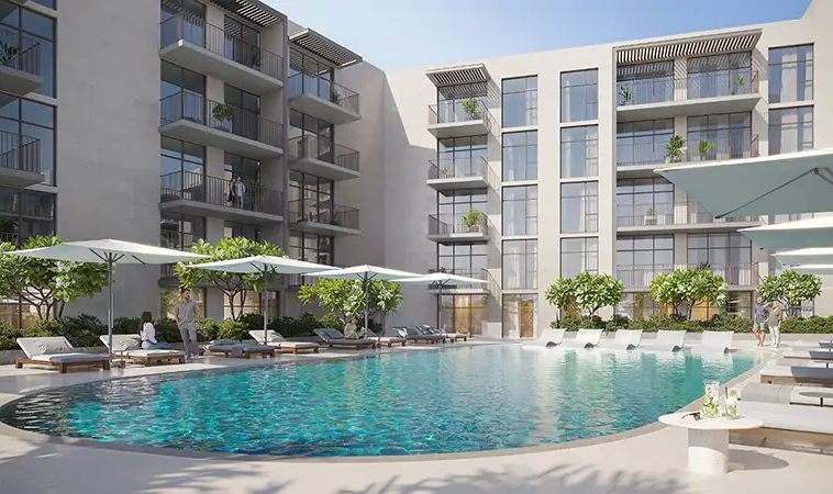 Swimming pool and jacuzzi at IR1DIAN Park 2 in JVC Dubai