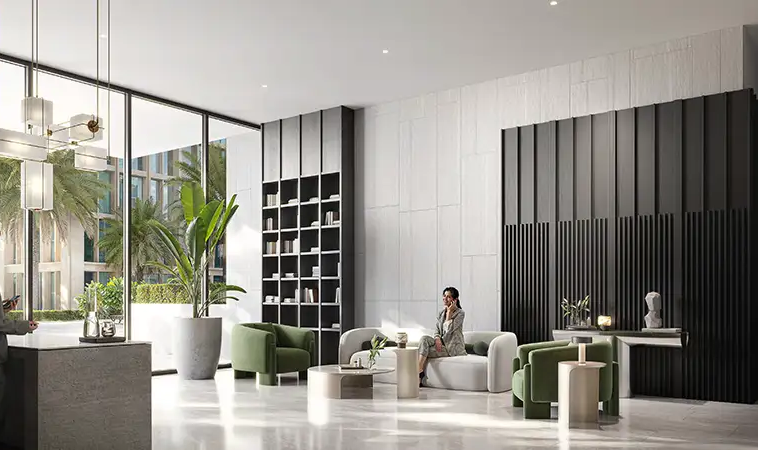 Contemporary reception lobby at IR1DIAN Park 2 JVC