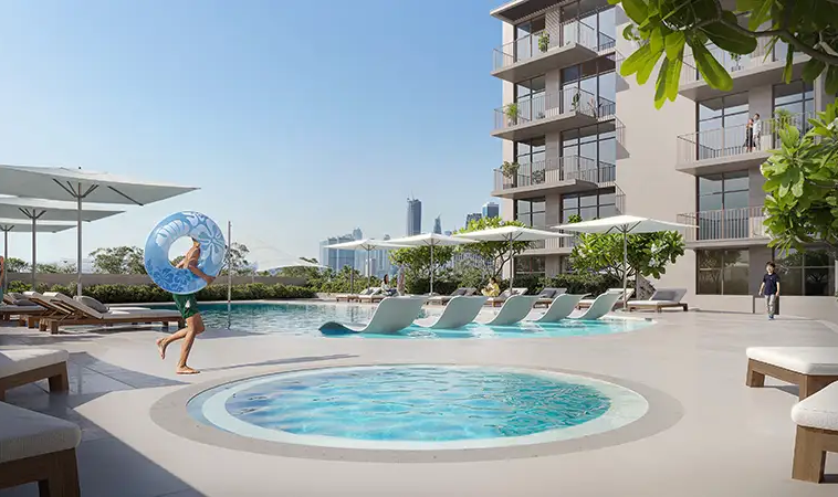 Swimming pool and jacuzzi at IR1DIAN Park 2 in JVC Dubai
