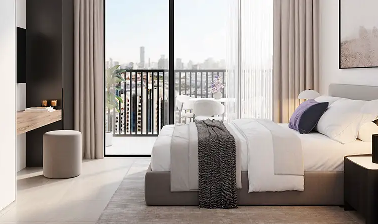 Modern bedroom apartment at Sky Level 1 JVC with private balcony