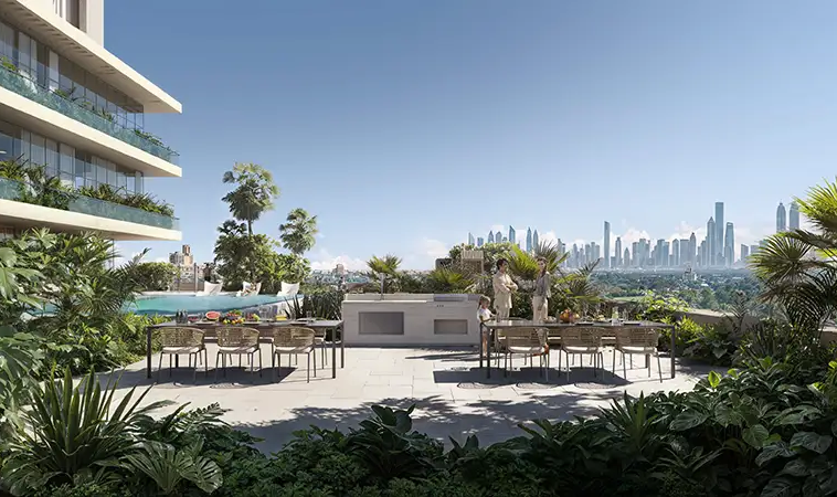 Sky Level 1 at JVC landscaped outdoor dining terrace with Dubai skyline views
