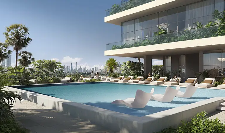 Resort-style swimming pool and sun deck at Sky Level 1 JVC Dubai