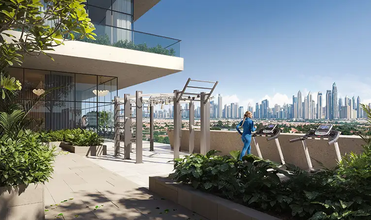 Outdoor fitness terrace at Sky Level 1 JVC with Dubai skyline views