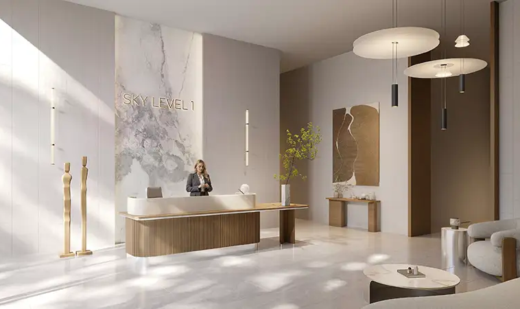 Luxury reception lobby at Sky Level 1 residential development in JVC