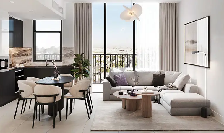 Bright open-plan living room apartment at Sky Level 1 in JVC Dubai
