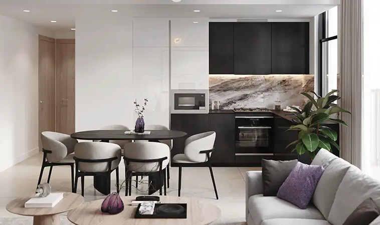 Modern apartment kitchen and dining area at Sky Level 1 JVC