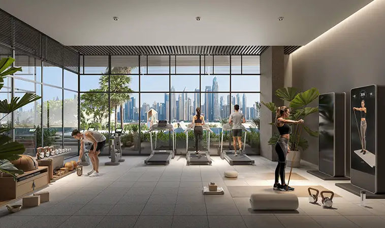 Sky Level 1 JVC fitness centre with modern gym equipment and skyline views