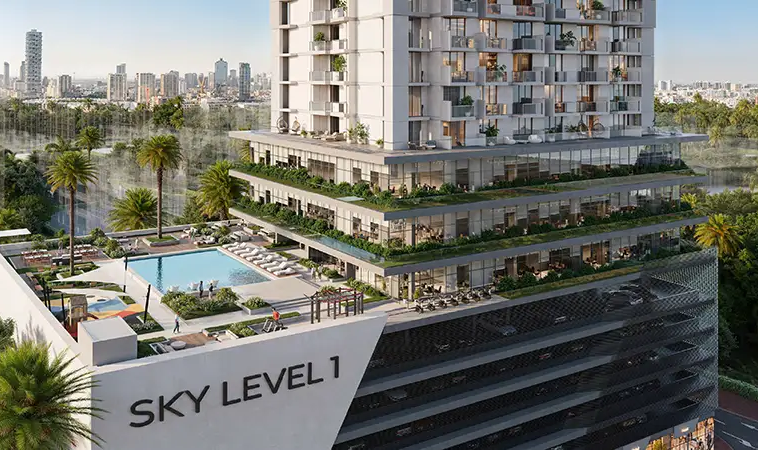 Sky Level 1 residential tower in JVC with swimming pool and landscaped amenities