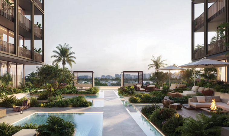 Landscaped courtyard and water features at The Archive by Imtiaz Dubai