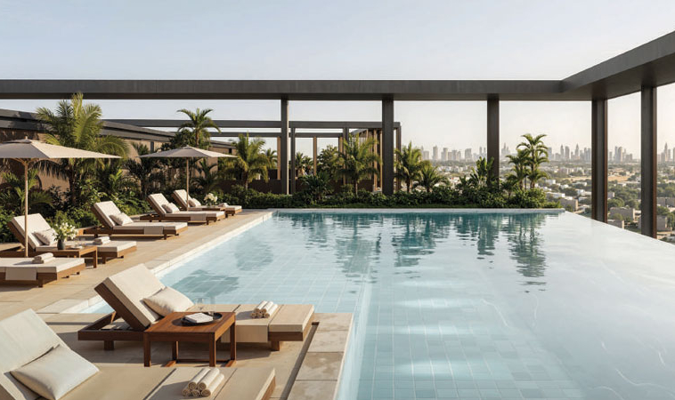 Infinity swimming pool with Dubai skyline views at The Archive by Imtiaz