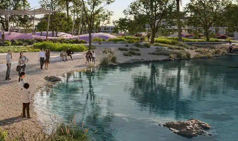 Landscaped community lagoon at Avelia at The Valley Dubai