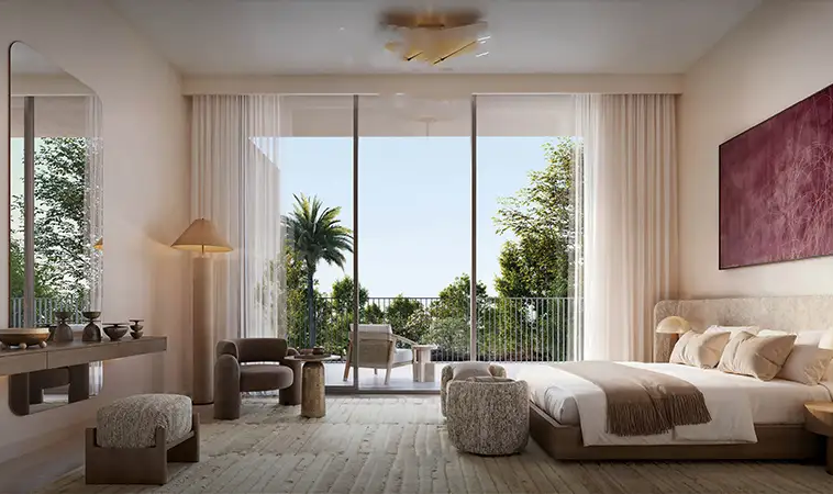 Luxury villa bedroom with private balcony at Avelia at The Valley