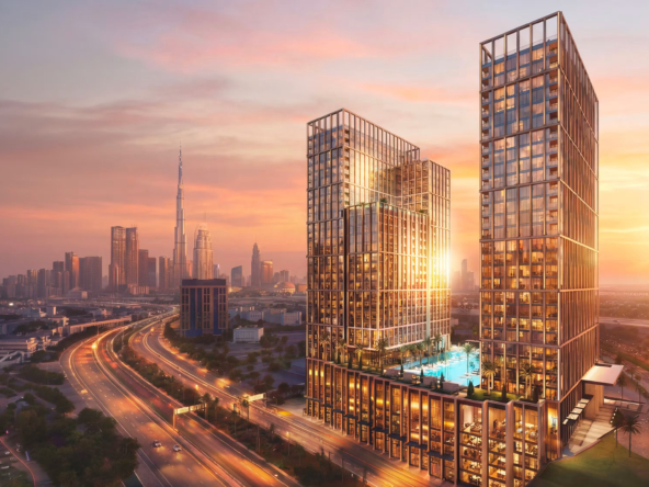Exterior view of Binghatti Spectre luxury residential towers overlooking the Dubai skyline and Burj Khalifa at sunset