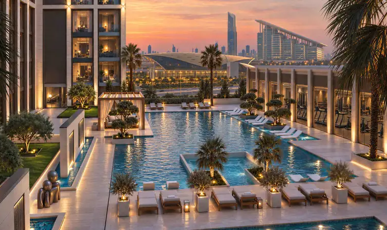 Resort-style swimming pool at Binghatti Starfall in Al Jaddaf Dubai