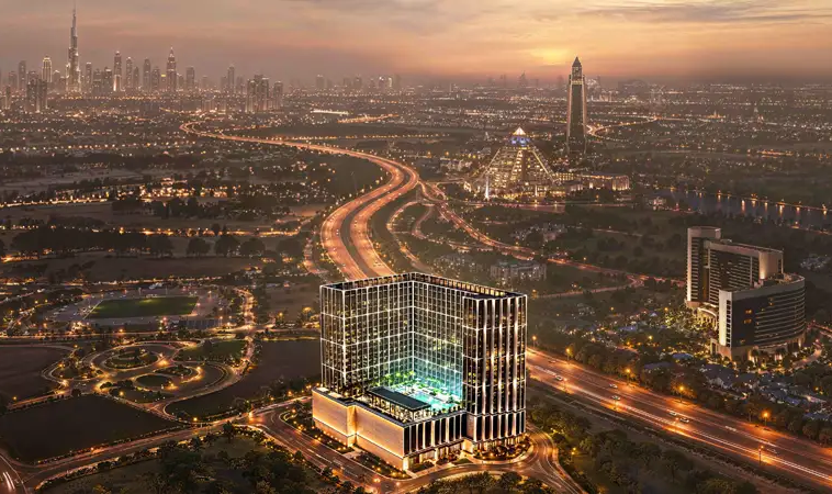 Aerial view of Binghatti Starfall residential tower in Al Jaddaf Dubai