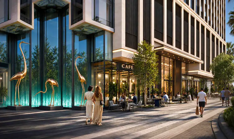 Ground-floor retail promenade and café at Binghatti Starfall Dubai