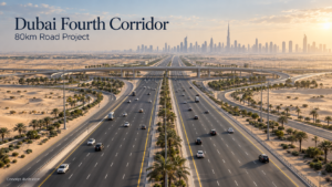Dubai Fourth Corridor concept illustration showing a desert highway and distant skyline.