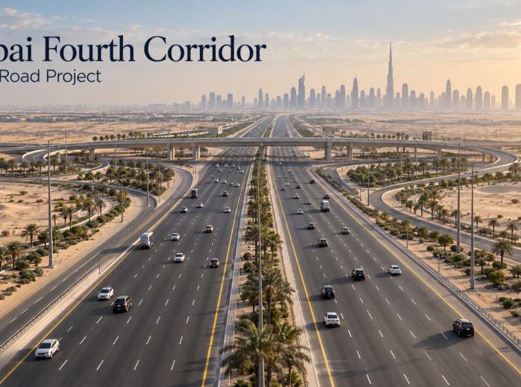 Dubai Fourth Corridor concept illustration showing a desert highway and distant skyline.