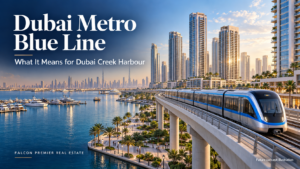 Dubai Metro Blue Line concept illustration showing an elevated train beside waterfront residential towers.