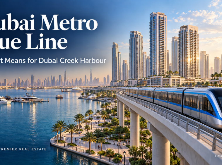 Dubai Metro Blue Line concept illustration showing an elevated train beside waterfront residential towers.