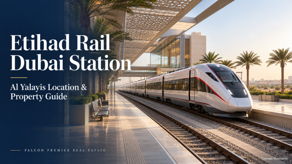 Etihad Rail Dubai Station concept illustration showing a modern passenger train beside a shaded platform.