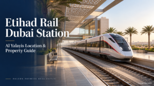 Etihad Rail Dubai Station concept illustration showing a modern passenger train beside a shaded platform.