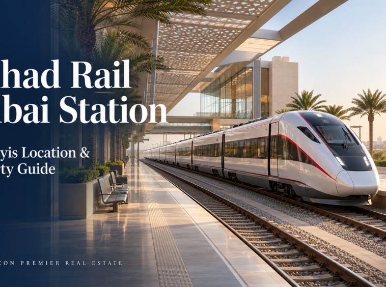Etihad Rail Dubai Station concept illustration showing a modern passenger train beside a shaded platform.