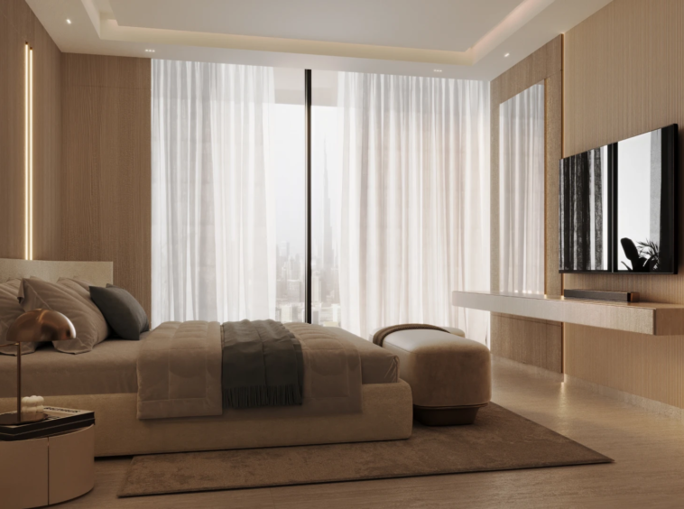 Modern apartment bedroom with panoramic windows at Linar by Alef