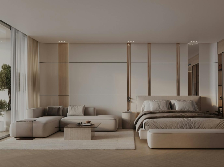 Luxury bedroom suite with lounge area at Linar by Alef Sharjah