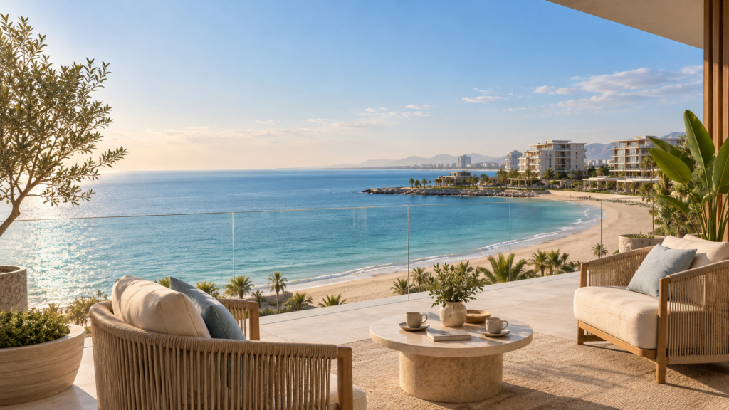 Waterfront apartment terrace overlooking a sandy beach, inspired by Ras Al Khaimah coastal living.