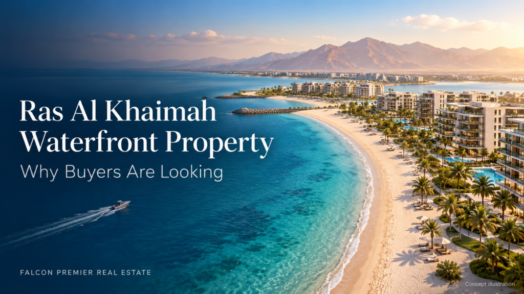 Ras Al Khaimah waterfront property concept showing beachfront residences and turquoise sea.