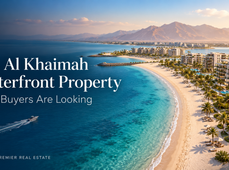 Ras Al Khaimah waterfront property concept showing beachfront residences and turquoise sea.