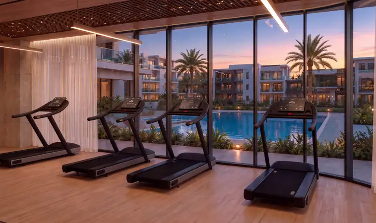 Indoor gym overlooking the swimming pool at Samana Portside