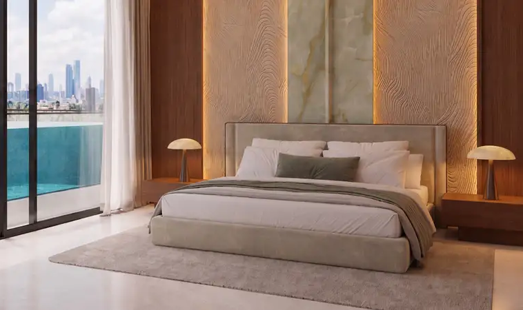 Luxury bedroom with private pool balcony at Samana Portside Dubai