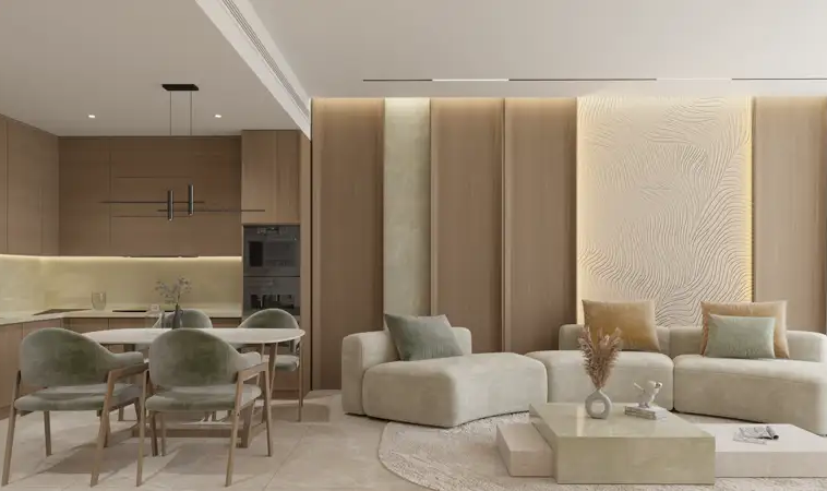 Open-plan apartment living and dining area at Samana Portside