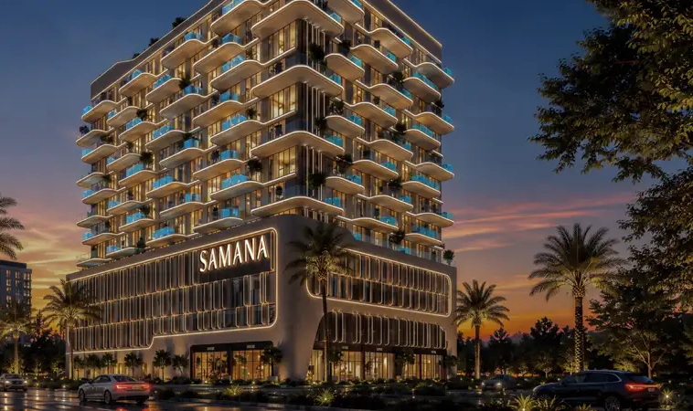 Samana Portside residential tower at sunset in Downtown Jebel Ali