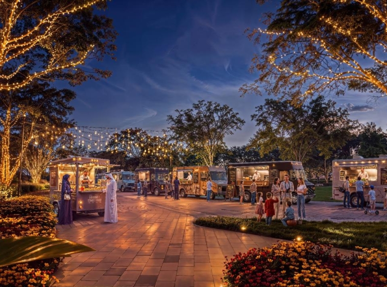 Evening community market and dining area at Azizi Florence Sharjah
