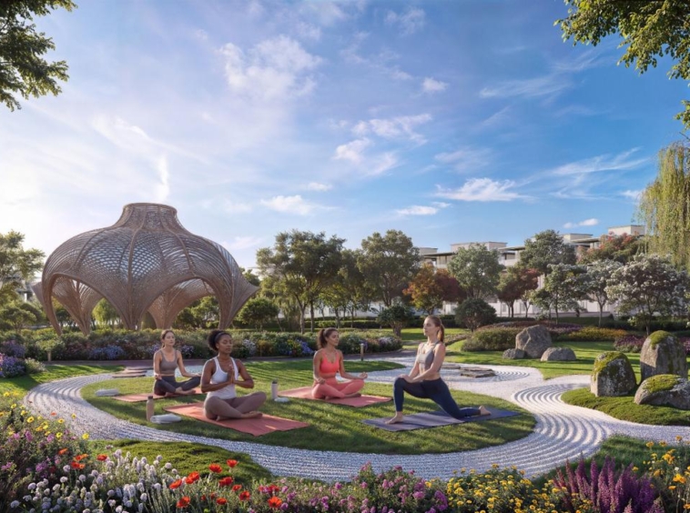 Outdoor yoga and wellness garden at Azizi Florence Sharjah
