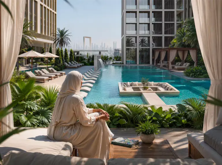 Woman relaxing in a private cabana overlooking the luxury swimming pool at Binghatti Spectre Dubai