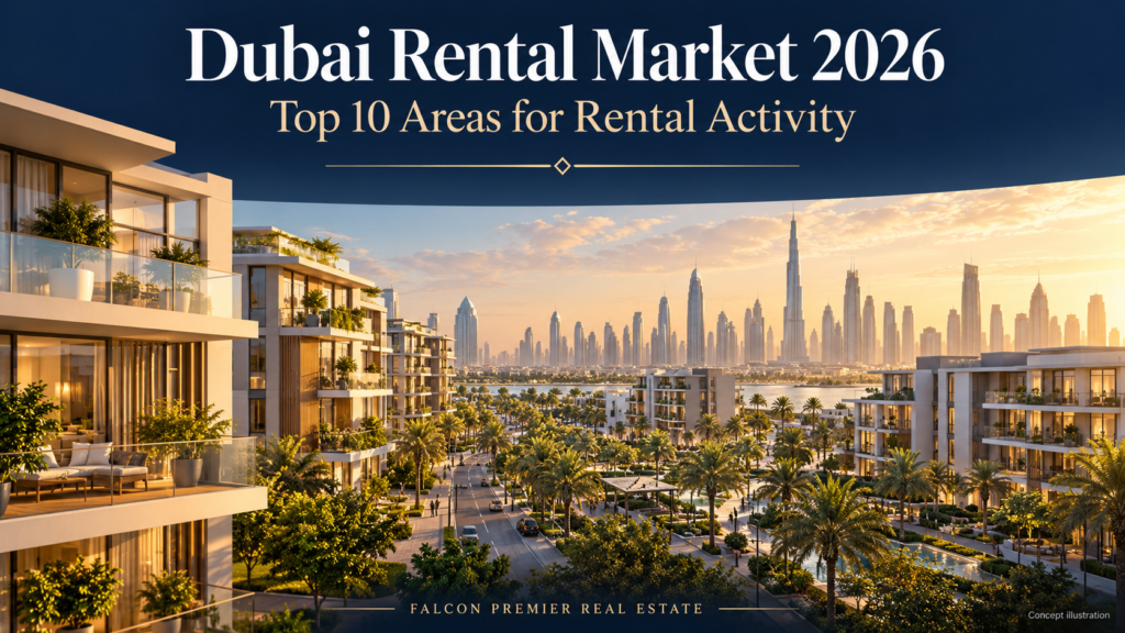 Dubai rental market 2026 banner featuring illustrated apartment buildings, landscaped streets and a skyline at sunset.