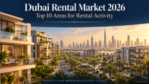 Dubai rental market 2026 banner featuring illustrated apartment buildings, landscaped streets and a skyline at sunset.