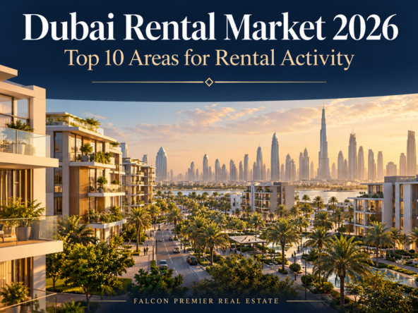 Dubai rental market 2026 banner featuring illustrated apartment buildings, landscaped streets and a skyline at sunset.