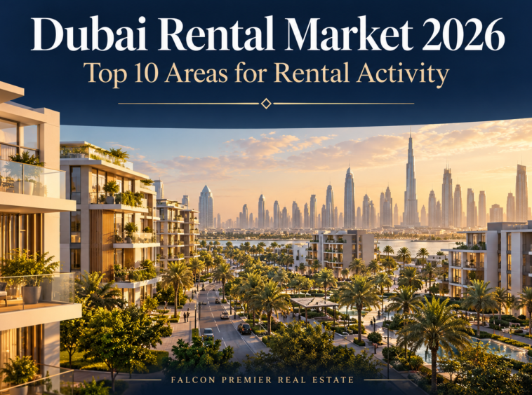 Dubai rental market 2026 banner featuring illustrated apartment buildings, landscaped streets and a skyline at sunset.