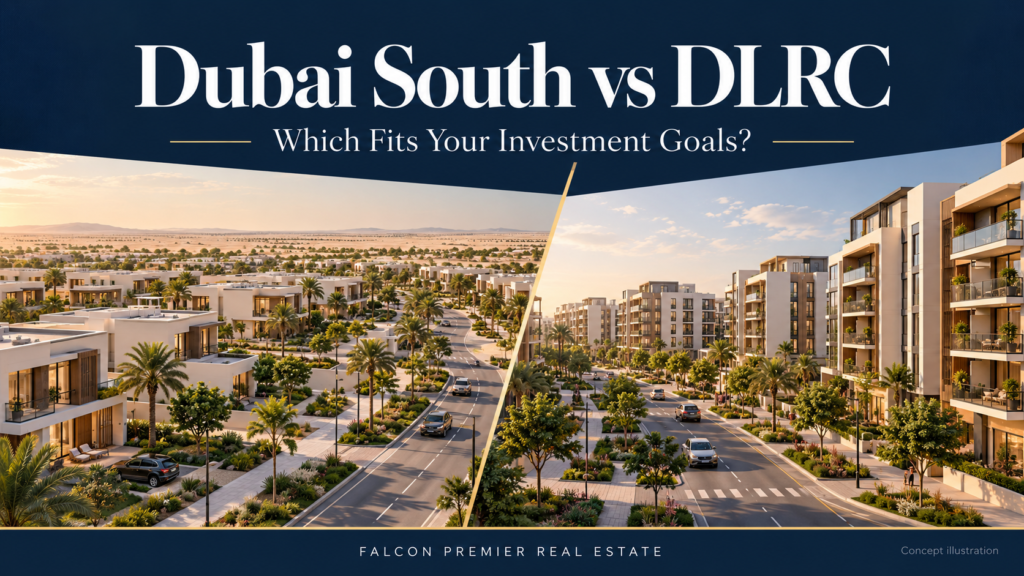 Dubai South vs DLRC concept illustration comparing low-rise homes and apartment buildings for property investment.