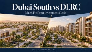 Dubai South vs DLRC concept illustration comparing low-rise homes and apartment buildings for property investment.
