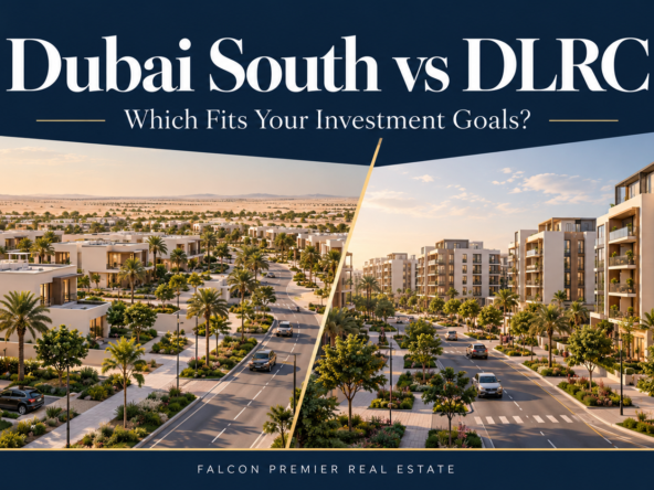 Dubai South vs DLRC concept illustration comparing low-rise homes and apartment buildings for property investment.