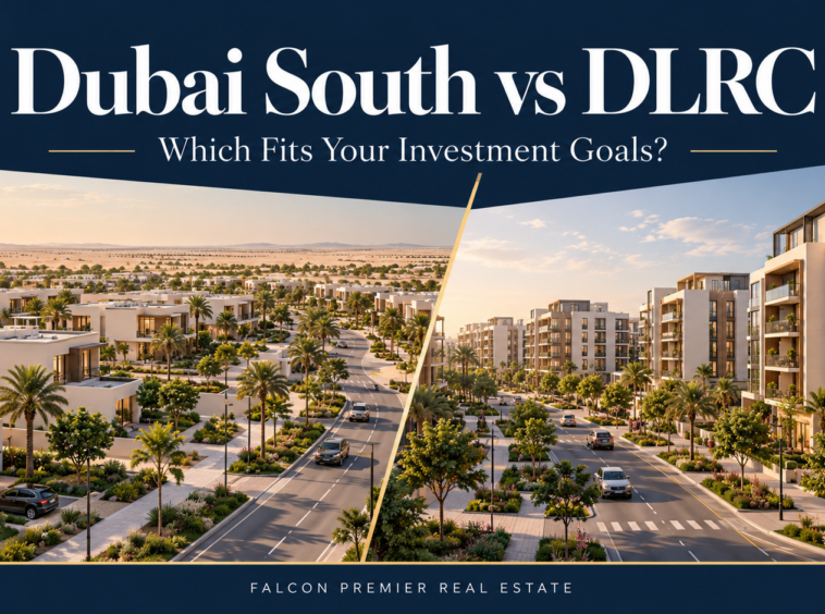 Dubai South vs DLRC concept illustration comparing low-rise homes and apartment buildings for property investment.
