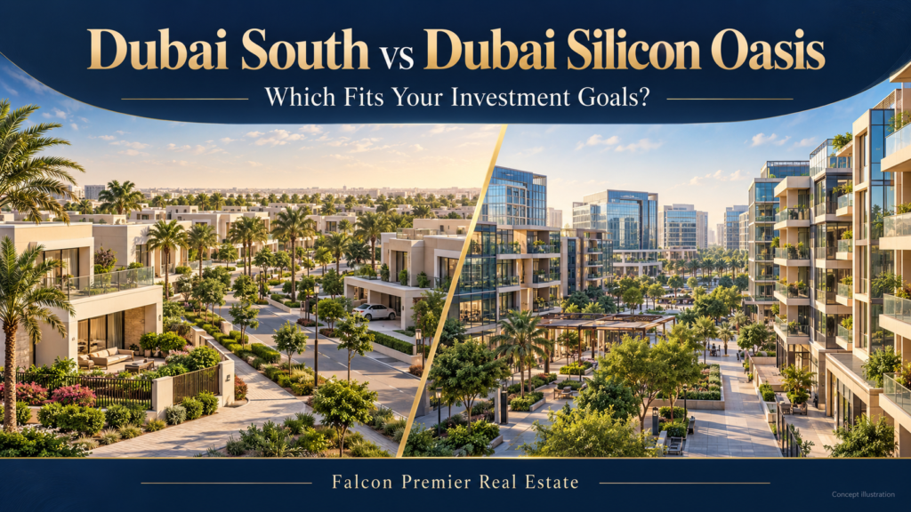 Side-by-side comparison of Dubai South villas and Dubai Silicon Oasis apartment towers, titled “Dubai South vs Dubai Silicon Oasis: Which Fits Your Investment Goals?” by Falcon Premier Real Estate