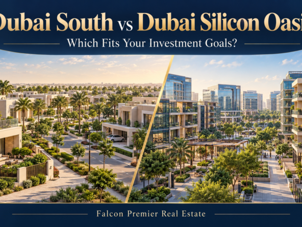 Side-by-side comparison of Dubai South villas and Dubai Silicon Oasis apartment towers, titled “Dubai South vs Dubai Silicon Oasis: Which Fits Your Investment Goals?” by Falcon Premier Real Estate